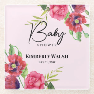 Dessous-de-verre En Verre Baby shower Fleurs rouges roses modernes sur rose 