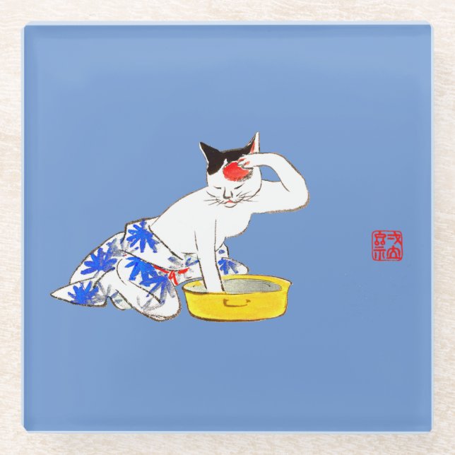 Dessous-de-verre En Verre Bain de chat japonais humoristique I (Devant)