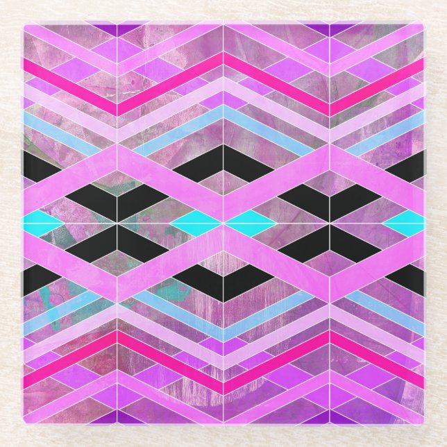 Dessous-de-verre En Verre Bandes de croisement géométriques violettes roses  (Devant)