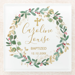 Dessous-de-verre En Verre Baptême Bébé Vert Gold Foliage