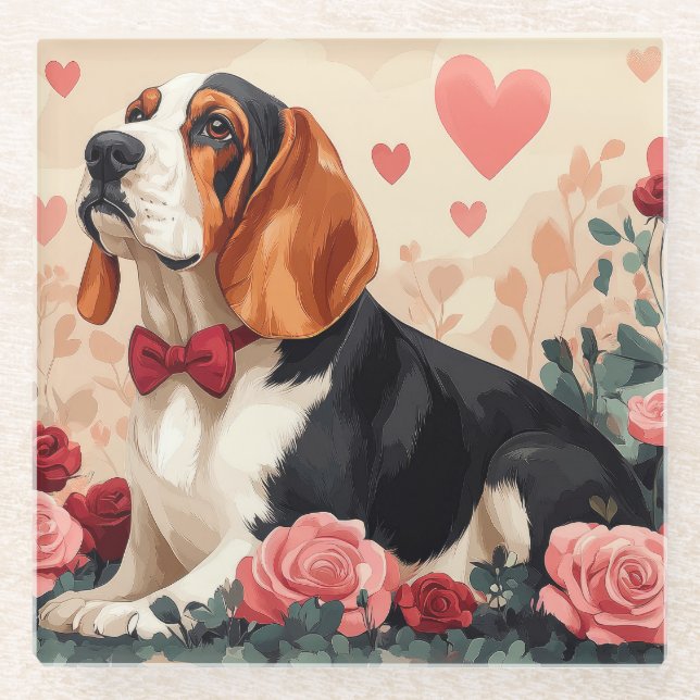 Dessous-de-verre En Verre Basset Hound avec Roses - Saint Valentin (Devant)