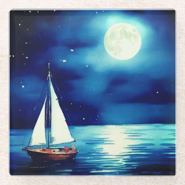 Dessous-de-verre En Verre Bateau sous Pleine lune (Devant)
