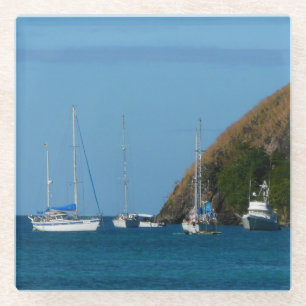 Dessous-de-verre En Verre Bateaux à voile dans la baie Blancs et Bleus Nauti