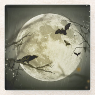 Dessous-de-verre En Verre Bats fly Crow se trouve devant la Pleine lune d'Ha