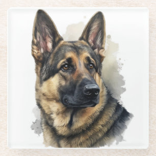 DESSOUS-DE-VERRE EN VERRE BEAU CHIEN ALLEMAND SHEPHERD DE COULEUR D'EAU