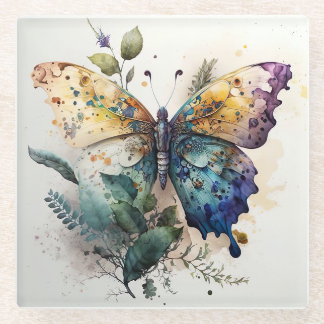 Dessous-de-verre En Verre Beau et coloré Dessous de verre papillon (Devant)