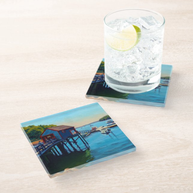 Dessous-de-verre En Verre Beau port Pittoresque avec Bateaux (Incliné)