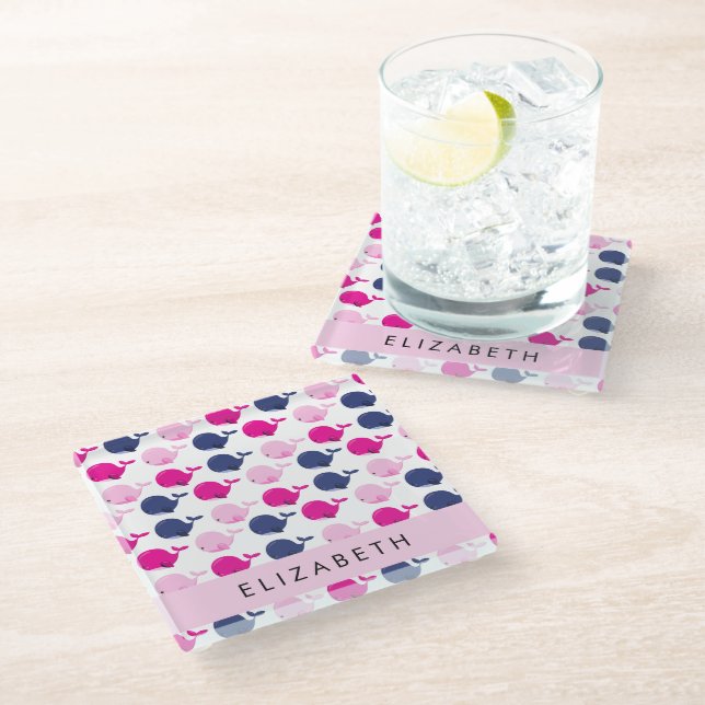 Dessous-de-verre En Verre Beaux Baleines, Motif De Baleines, Votre Nom (Incliné)