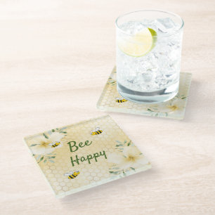 Dessous-de-verre En Verre Bee Happy bumble abeilles jaune nid d'abeille humo