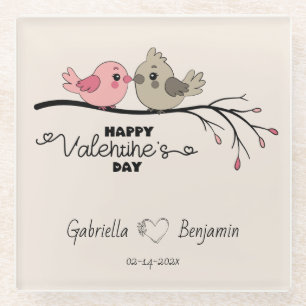 Dessous-de-verre En Verre Belle Cartoon Lovebirds sur la branche Saint-Valen