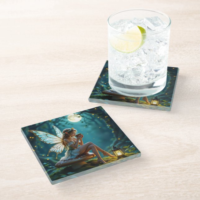 Dessous-de-verre En Verre Belle Fée Boire Café Enchanted Forêt (Incliné)