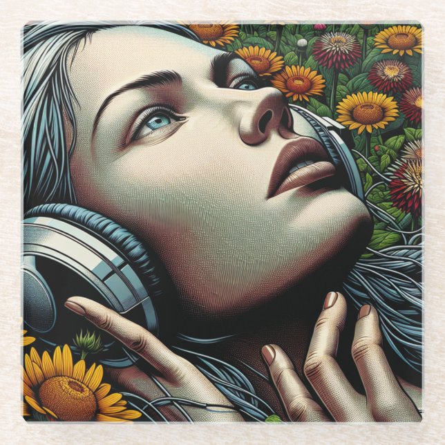 Dessous-de-verre En Verre Belle femme avec casque dans les tournesols (Devant)