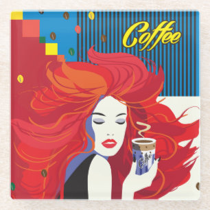 Dessous-de-verre En Verre "Belle femme de mode art avec de café de tasse"