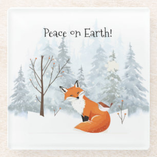 Dessous-de-verre En Verre Belle Paix sur Terre Renard Rouge Oiseau Hiver 