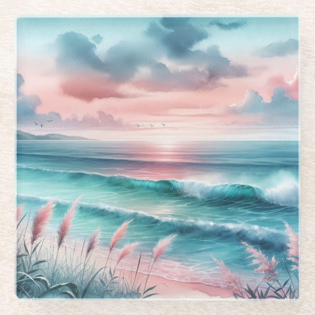 Dessous-de-verre En Verre Belle scène océanique en rose et bleu (Devant)
