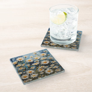 Dessous-de-verre En Verre Belles marguerites sur un arrière - plan bleu