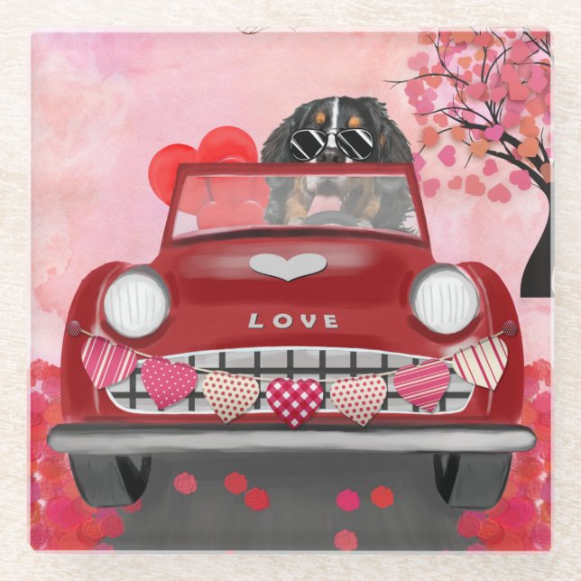 Dessous-de-verre En Verre Bernois Mountain Driving Car avec Coeurs Valentine (Devant)