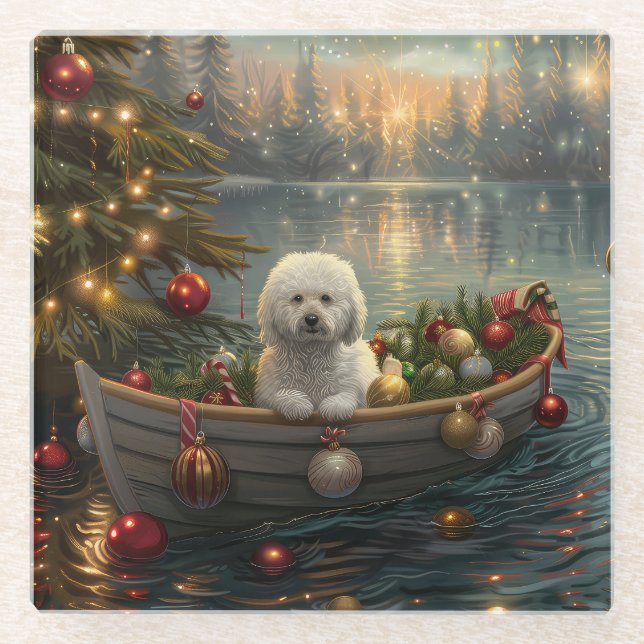 Dessous-de-verre En Verre Bichon Frise Noël Festive Voyage (Devant)