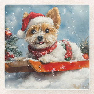 Dessous-de-verre En Verre Biewer Terrier Chien en Traîneau Qu'il neige Noël
