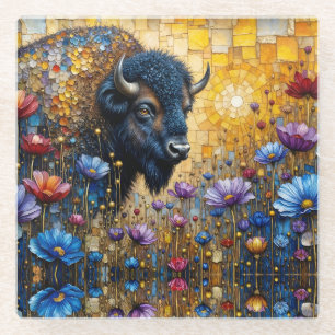 Dessous-de-verre En Verre Bison Américain Paré de Bijoux dans les Fleurs