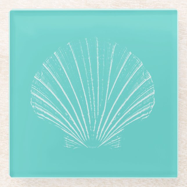 Dessous-de-verre En Verre Bleu d'Aqua avec la mer blanche Shell (Devant)