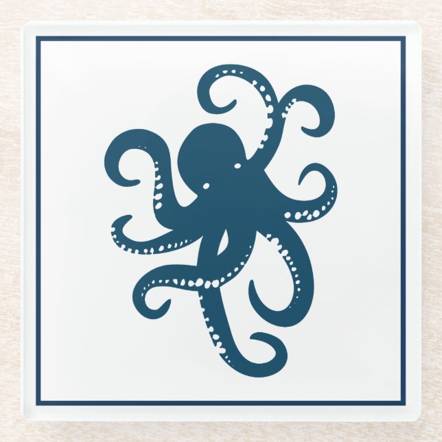 Dessous-de-verre En Verre Bleu En Octopus Blanc Illustration (Devant)