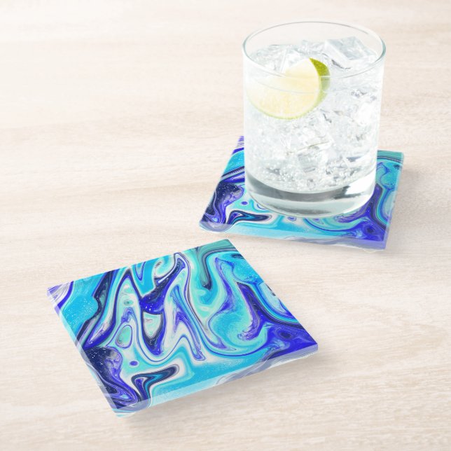 Dessous-de-verre En Verre Bleu fondu | Marble Fluid Art (Incliné)