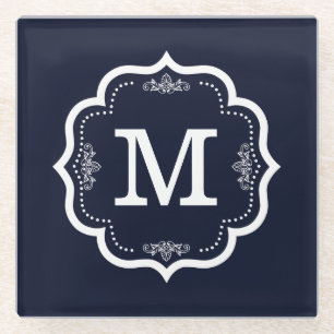Dessous-de-verre En Verre Bleu Marine Monogramme