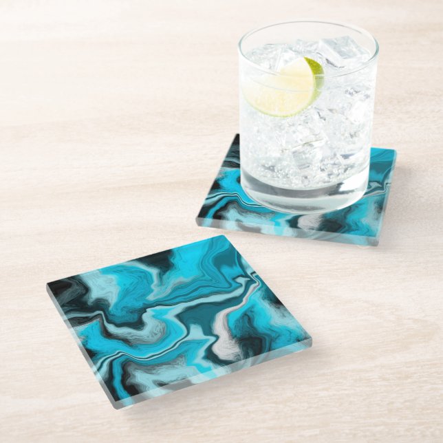 Dessous-de-verre En Verre Bleu, noir et Marbre blanc Fluid Art (Incliné)