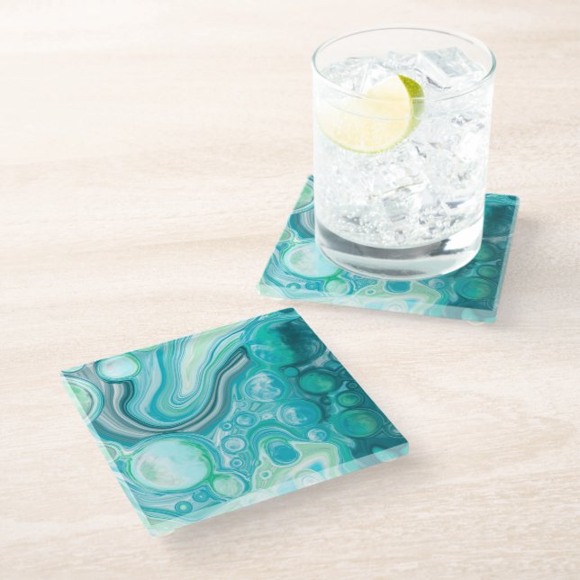 Dessous-de-verre En Verre Bleu, Turquoise Mer Vagues et Bulles (Incliné)