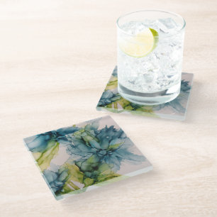 Dessous-de-verre En Verre Bleu Vert Floral Art Abstrait