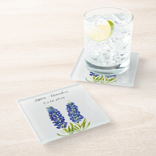 Dessous-de-verre En Verre Bluebonnets Aquarelle Bleu Fleur Floral Mariage (Incliné)