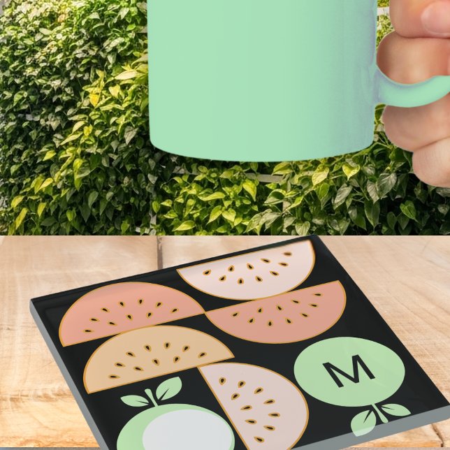 Dessous-de-verre En Verre Boho Geometric Mid-Century Modern Fruit Monogram (A monogrammed drinks coaster with mid-century modern inspired design of geometric fruit shapes)