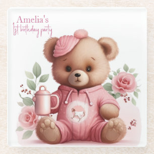 Dessous-de-verre En Verre Boho Teddy Bear Girl Ours Rose Fleur Anniversaire 