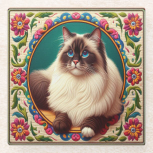 Dessous-de-verre En Verre Bordure décorative Birman Chat Fleurs colorées