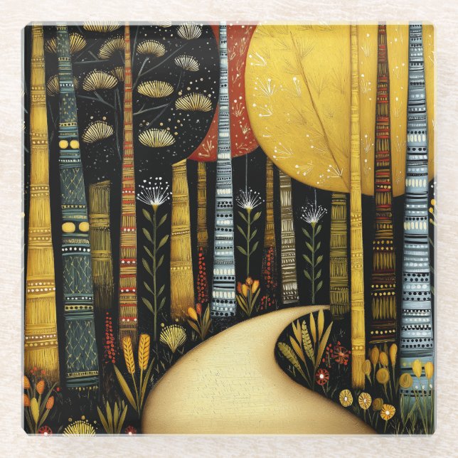 DESSOUS-DE-VERRE EN VERRE BOSQUET DU CHEMIN DORÉ FÔRET WHIMSICALE ART #1 (Devant)