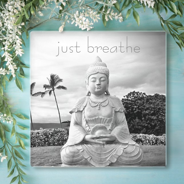 Dessous-de-verre En Verre Bouddha d'Hawaii noir blanc photo Breathe Citation (Créateur téléchargé)