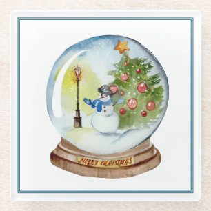 Dessous-de-verre En Verre Boule à neige de Noël avec bonhomme de neige et ar
