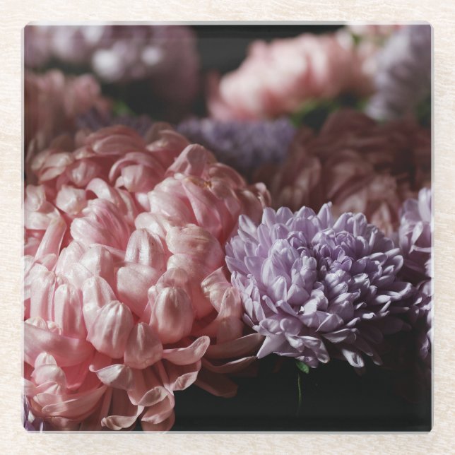 Dessous-de-verre En Verre Bouquet d'aster rose : éclairage baroque. (Devant)