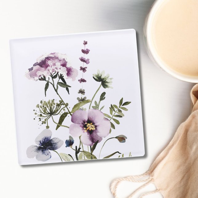 Dessous-de-verre En Verre Bouquet Fleur sauvage pourpre Aquarelle Florale (In situ)