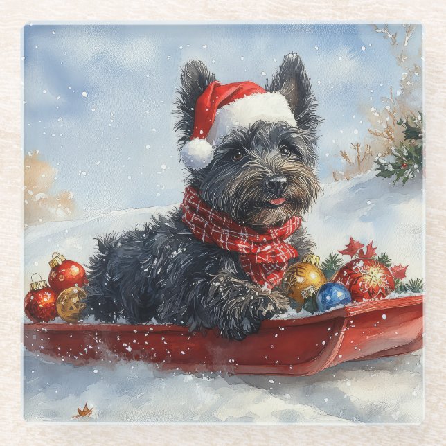 Dessous-de-verre En Verre Bouviers Des Flandres Chien à Sledge Noël (Devant)