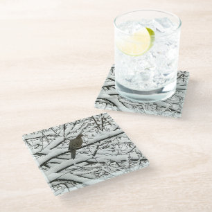 Dessous-de-verre En Verre Branches d'arbre enneigées Oiseau (photographie pa