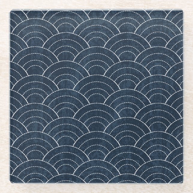Dessous-de-verre En Verre Broderie Sashiko : Indigo Motif japonais. (Devant)