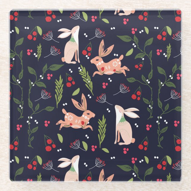 Dessous-de-verre En Verre Bunnies d'art populaire scandinave (Devant)