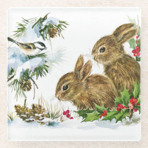 Dessous-de-verre En Verre Bunnies et oiseaux Profitez de la neige
