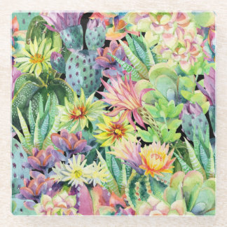 Dessous-de-verre En Verre Cactus en floraison, motif aquarelle transparent.