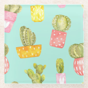 Dessous-de-verre En Verre Cactus épineux dans les pots, motif aquarelle.