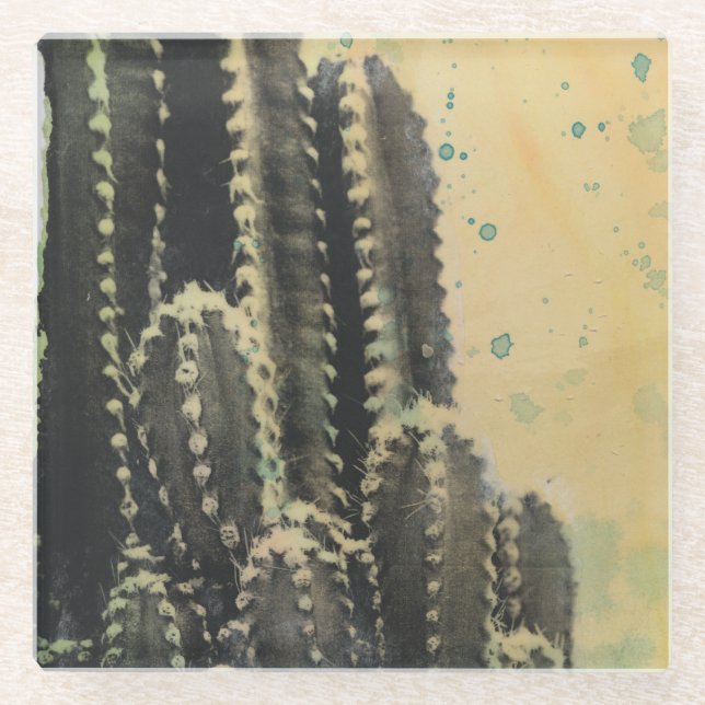 Dessous-de-verre En Verre Cactus vert sur Arrière - plan jaune (Devant)