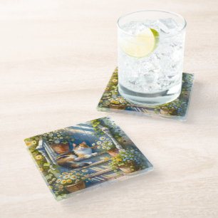 Dessous-de-verre En Verre Calico Chat sur Porc Floral Cottagecore