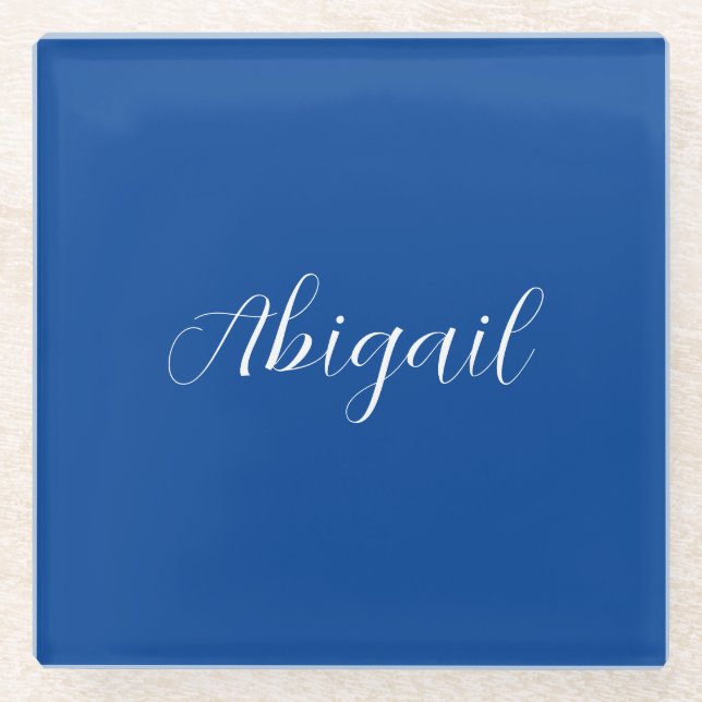Dessous-de-verre En Verre Calligraphie Elégant Bleu Blanc Plaine Nom simple (Devant)